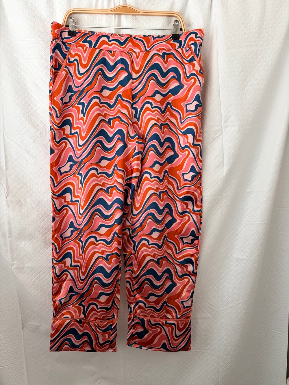 Adore Me Satin Pajama Pants in Pink, Navy & Orange Wave Print